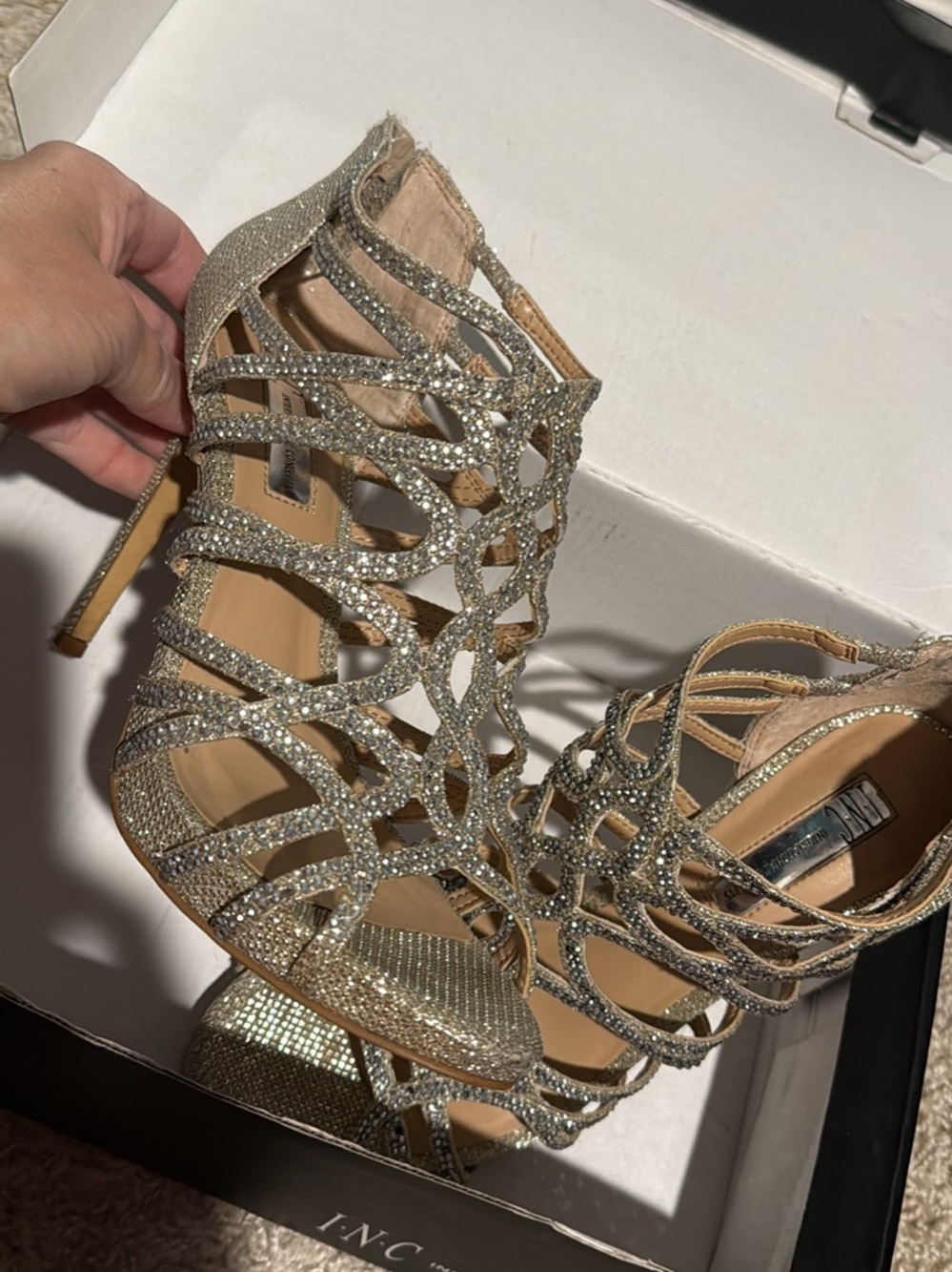 INC International Concepts Silver Crystal Cage Stiletto Sandals